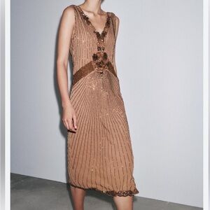 Zara Tan Embellished Midi Dress